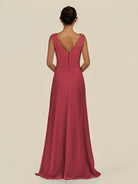 KissDress-Saphir Merlot A Line Chiffon V Neck Ruched Long Bridesmaid Dress with Slit