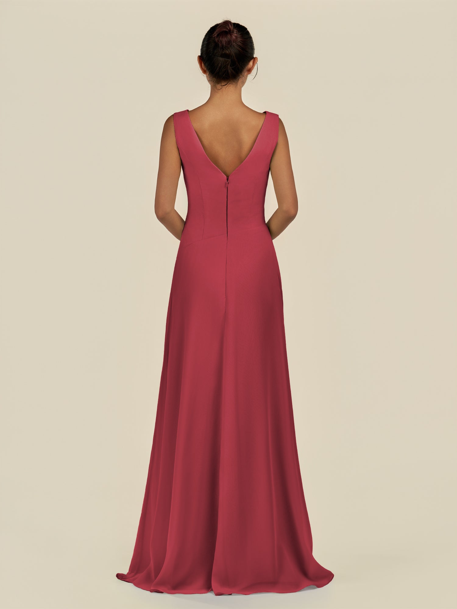 KissDress-Saphir Merlot A Line Chiffon V Neck Ruched Long Bridesmaid Dress with Slit
