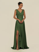 KissDress-Saphir Moss A Line Chiffon V Neck Ruched Long Bridesmaid Dress with Slit