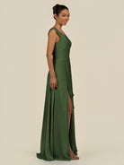 KissDress-Saphir Moss A Line Chiffon V Neck Ruched Long Bridesmaid Dress with Slit
