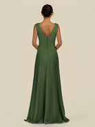 KissDress-Saphir Moss A Line Chiffon V Neck Ruched Long Bridesmaid Dress with Slit