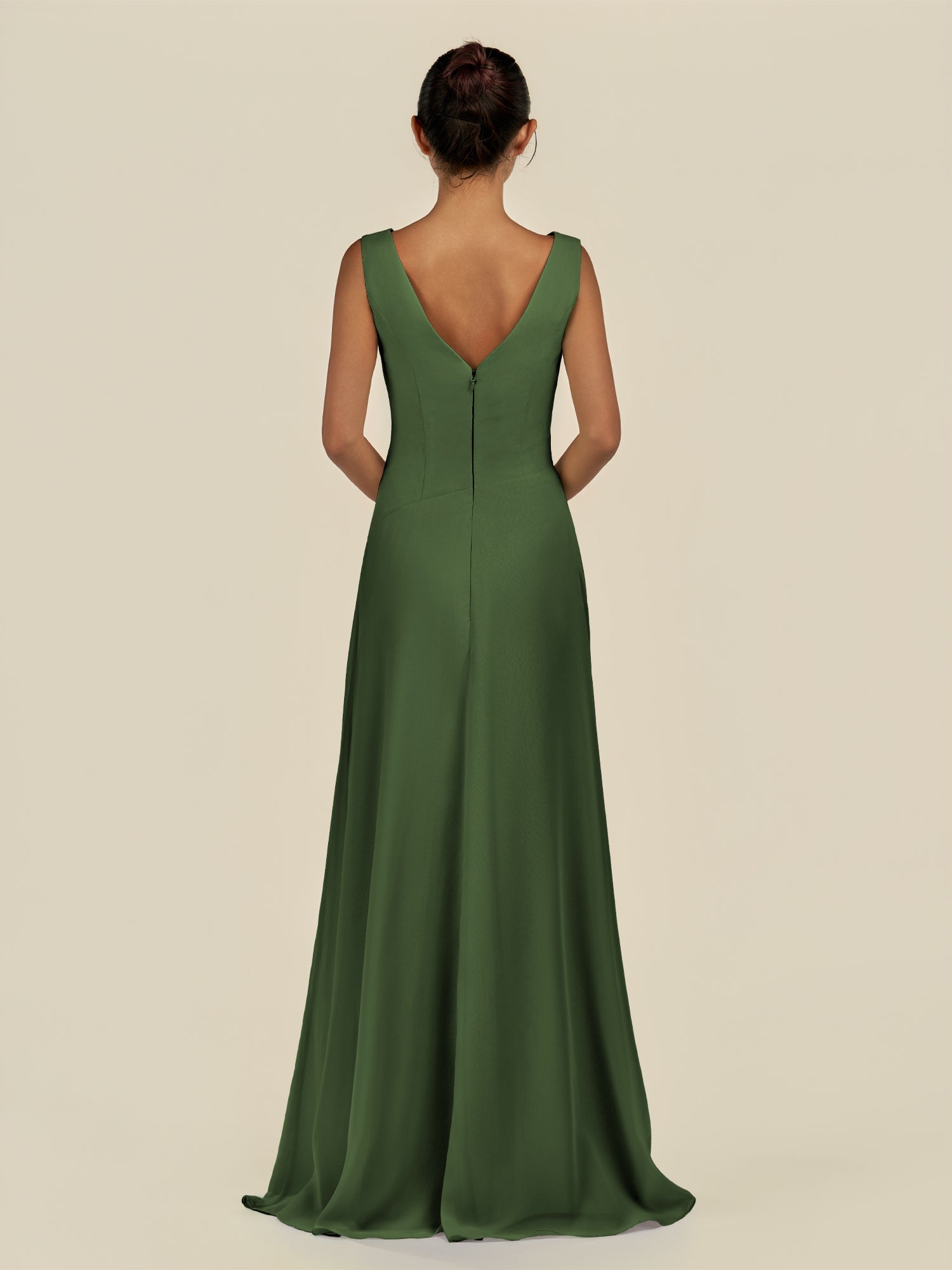 KissDress-Saphir Moss A Line Chiffon V Neck Ruched Long Bridesmaid Dress with Slit