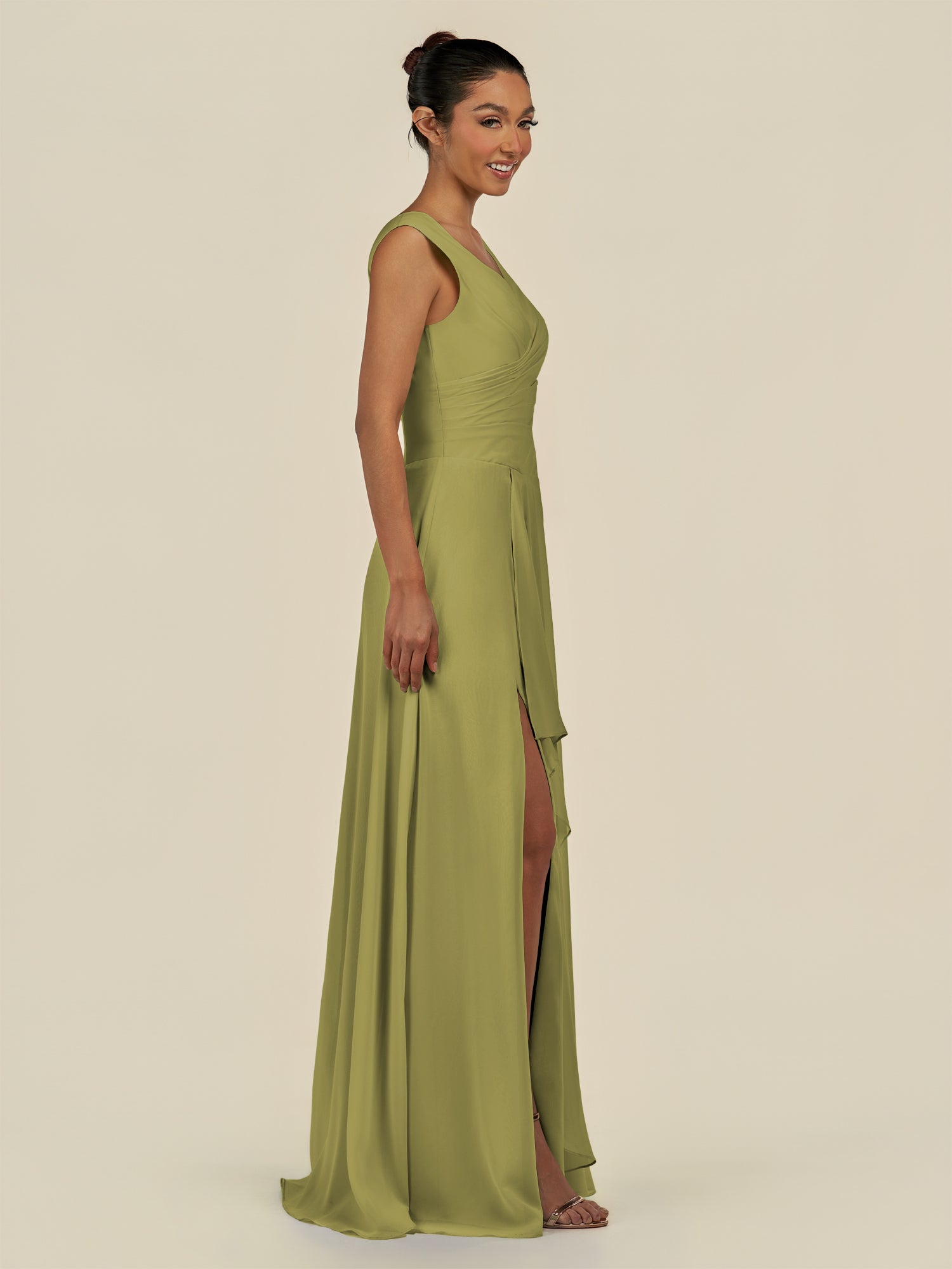 KissDress-Saphir Moss Green A Line Chiffon V Neck Ruched Long Bridesmaid Dress with Slit