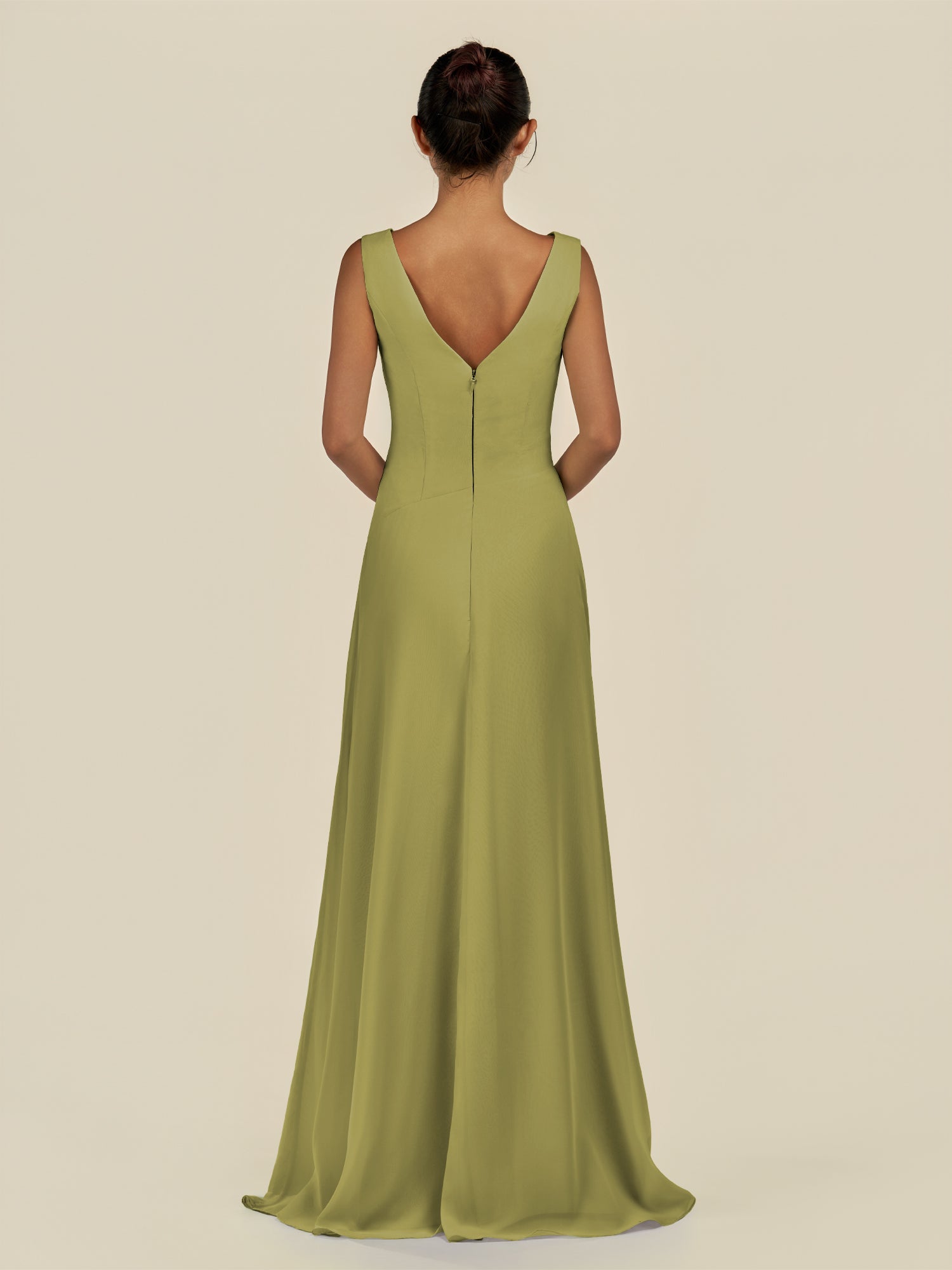 KissDress-Saphir Moss Green A Line Chiffon V Neck Ruched Long Bridesmaid Dress with Slit