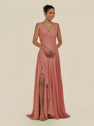 KissDress-Saphir Mulberry A Line Chiffon V Neck Ruched Long Bridesmaid Dress with Slit