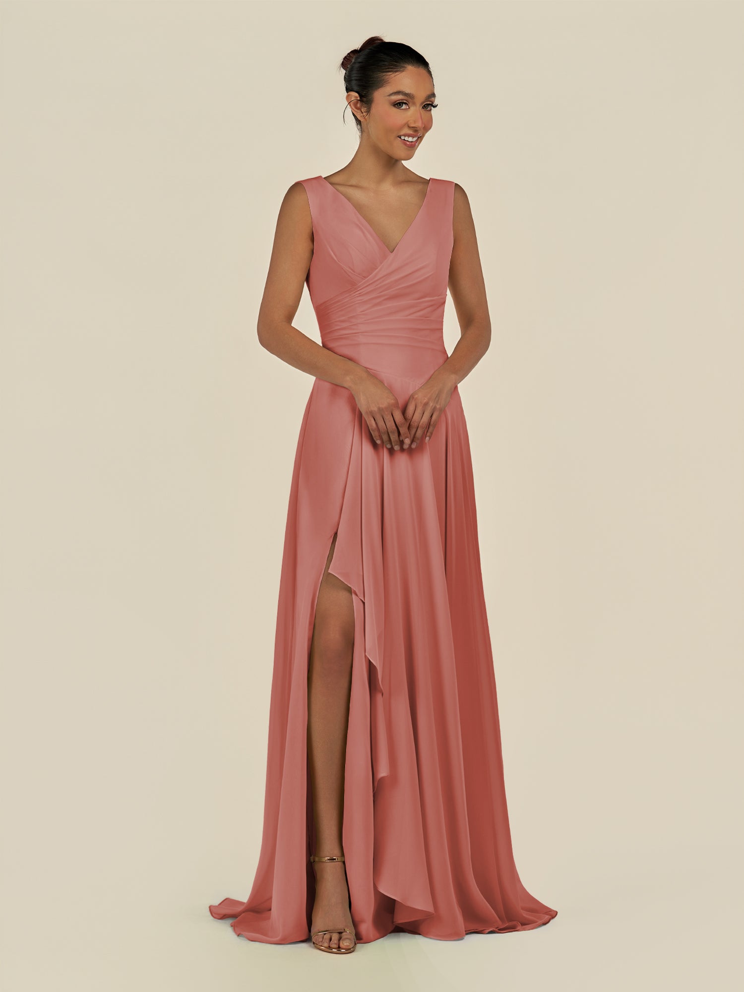 KissDress-Saphir Mulberry A Line Chiffon V Neck Ruched Long Bridesmaid Dress with Slit
