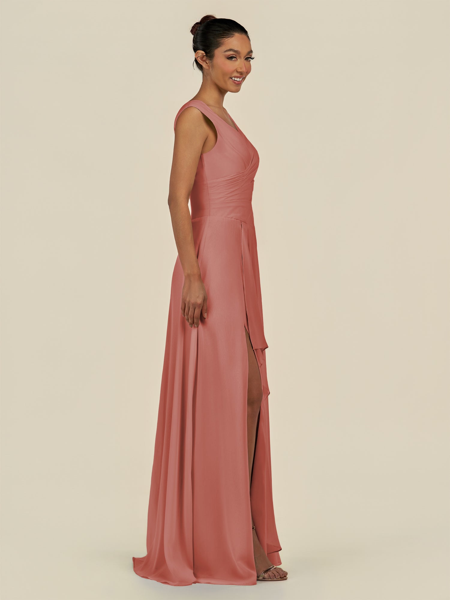 KissDress-Saphir Mulberry A Line Chiffon V Neck Ruched Long Bridesmaid Dress with Slit
