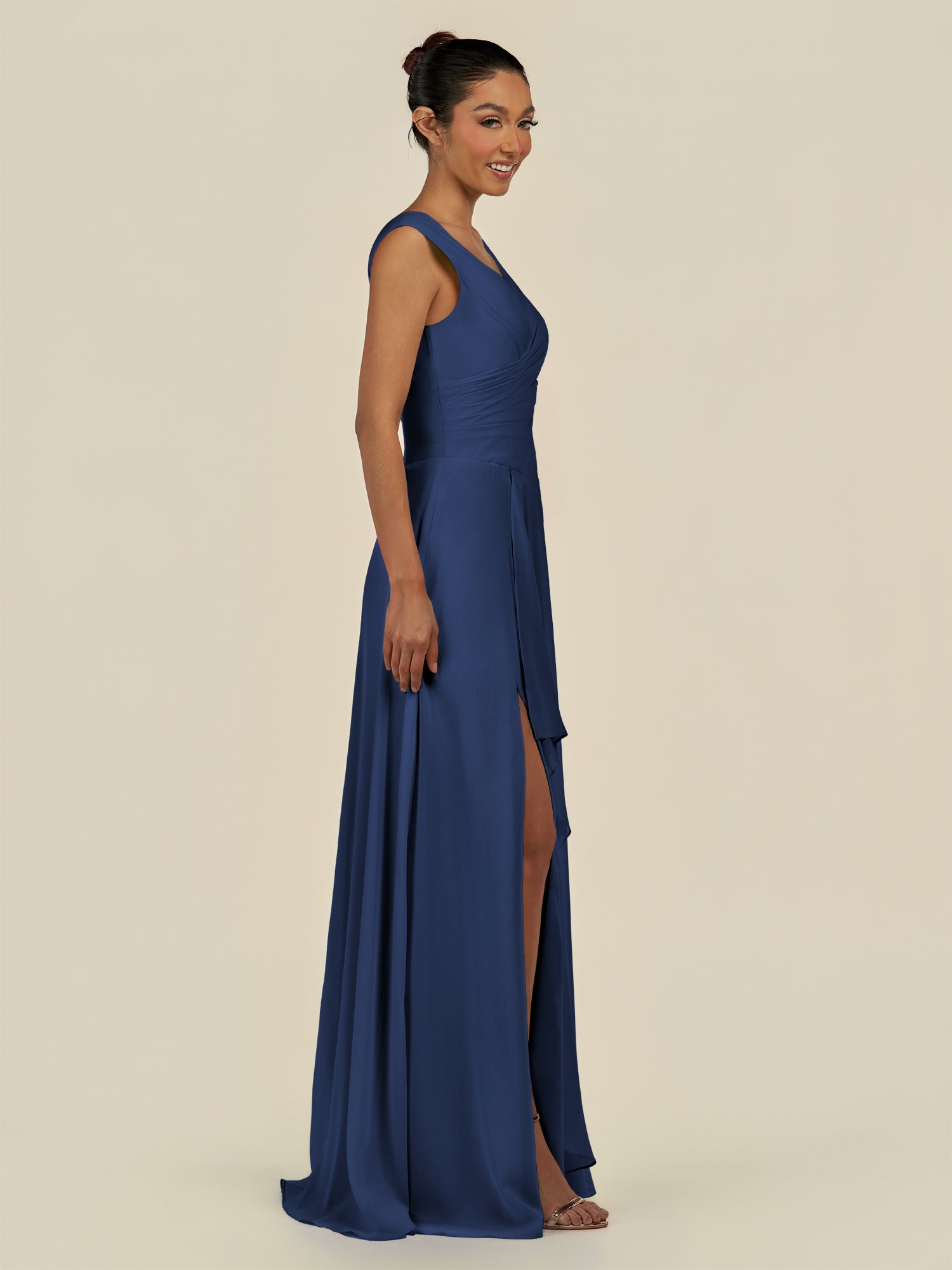 KissDress-Saphir Navy A Line Chiffon V Neck Ruched Long Bridesmaid Dress with Slit