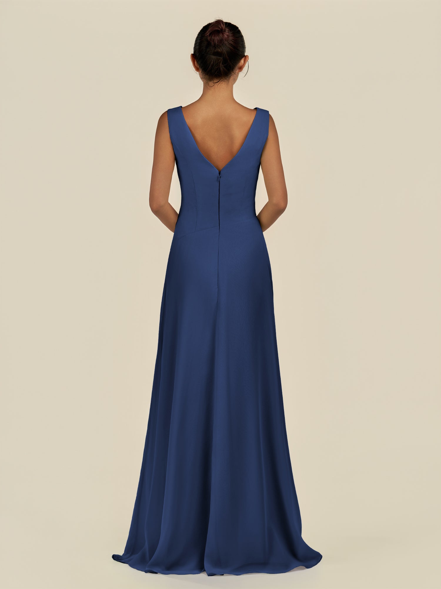 KissDress-Saphir Navy A Line Chiffon V Neck Ruched Long Bridesmaid Dress with Slit