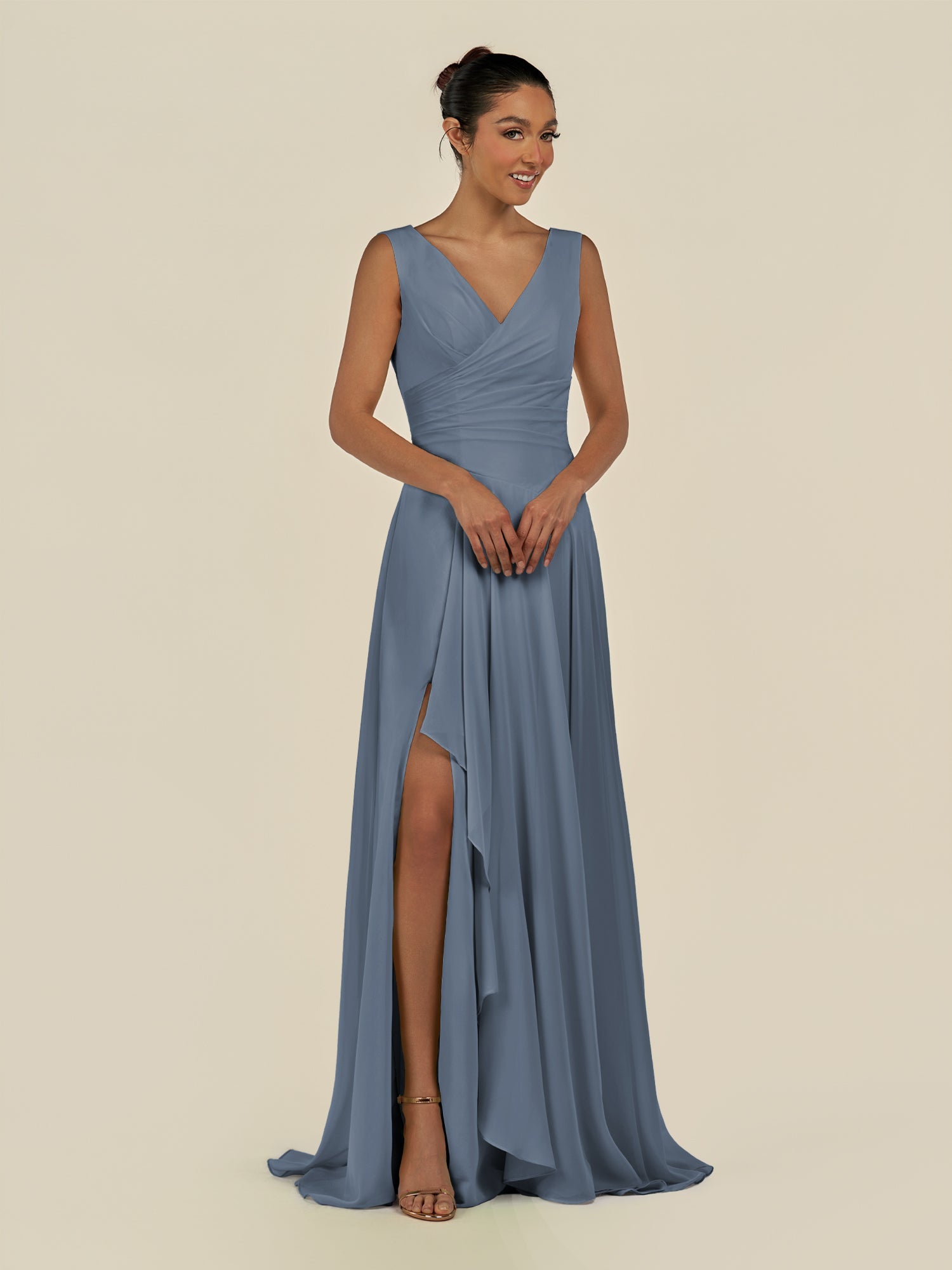 KissDress-Saphir Neptune A Line Chiffon V Neck Ruched Long Bridesmaid Dress with Slit
