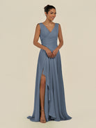 KissDress-Saphir Neptune A Line Chiffon V Neck Ruched Long Bridesmaid Dress with Slit