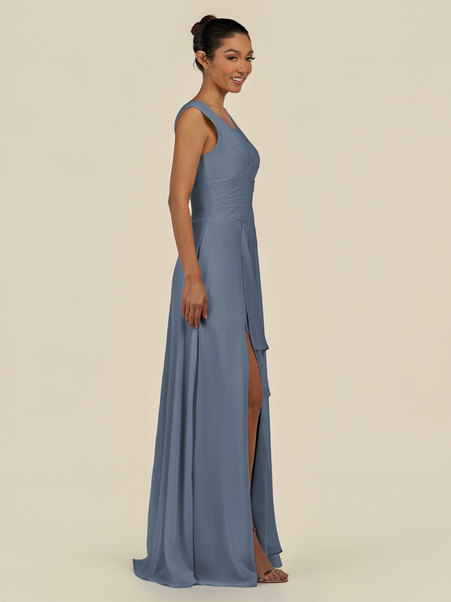 KissDress-Saphir Neptune A Line Chiffon V Neck Ruched Long Bridesmaid Dress with Slit