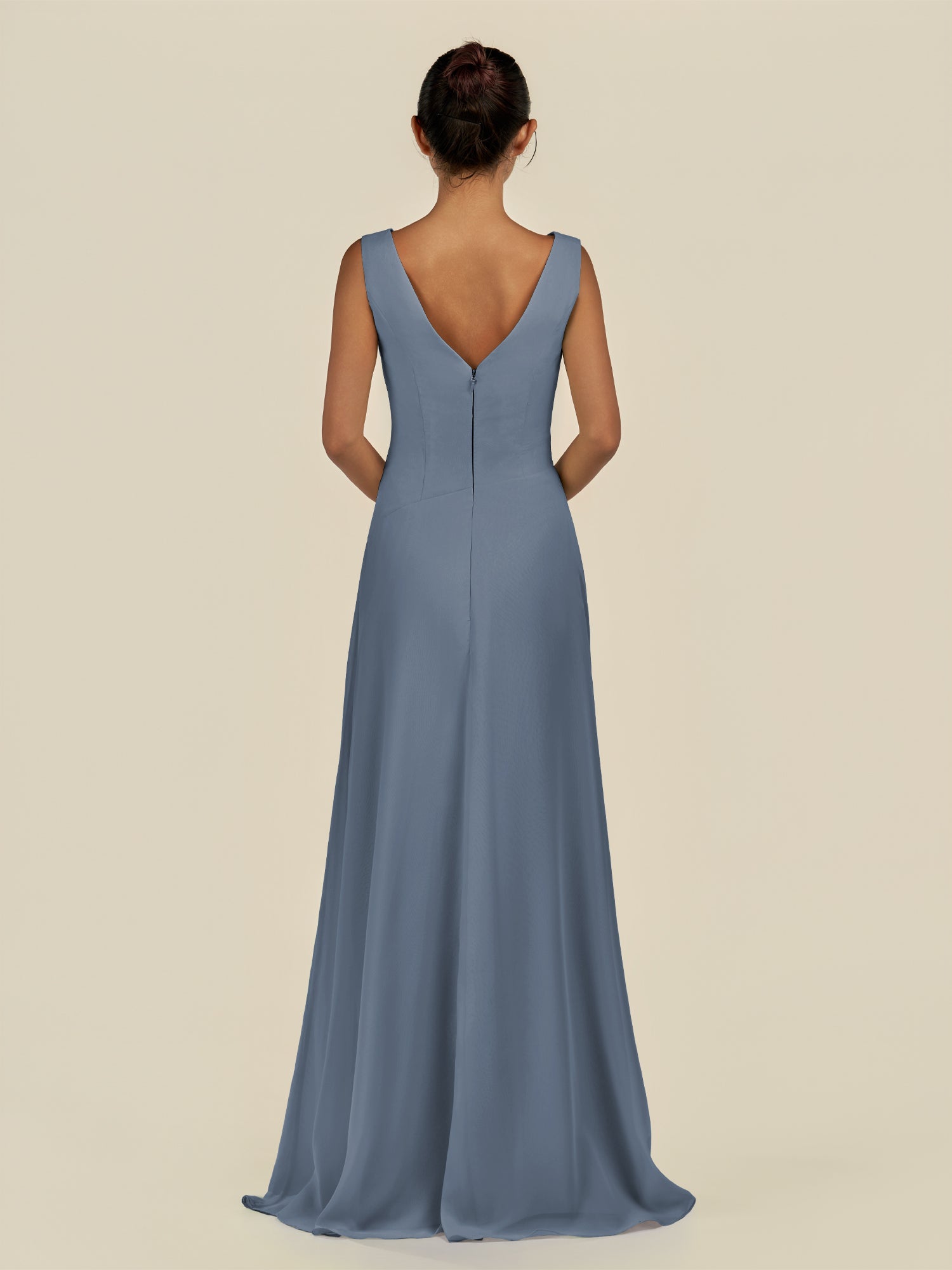 KissDress-Saphir Neptune A Line Chiffon V Neck Ruched Long Bridesmaid Dress with Slit