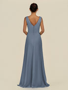KissDress-Saphir Neptune A Line Chiffon V Neck Ruched Long Bridesmaid Dress with Slit