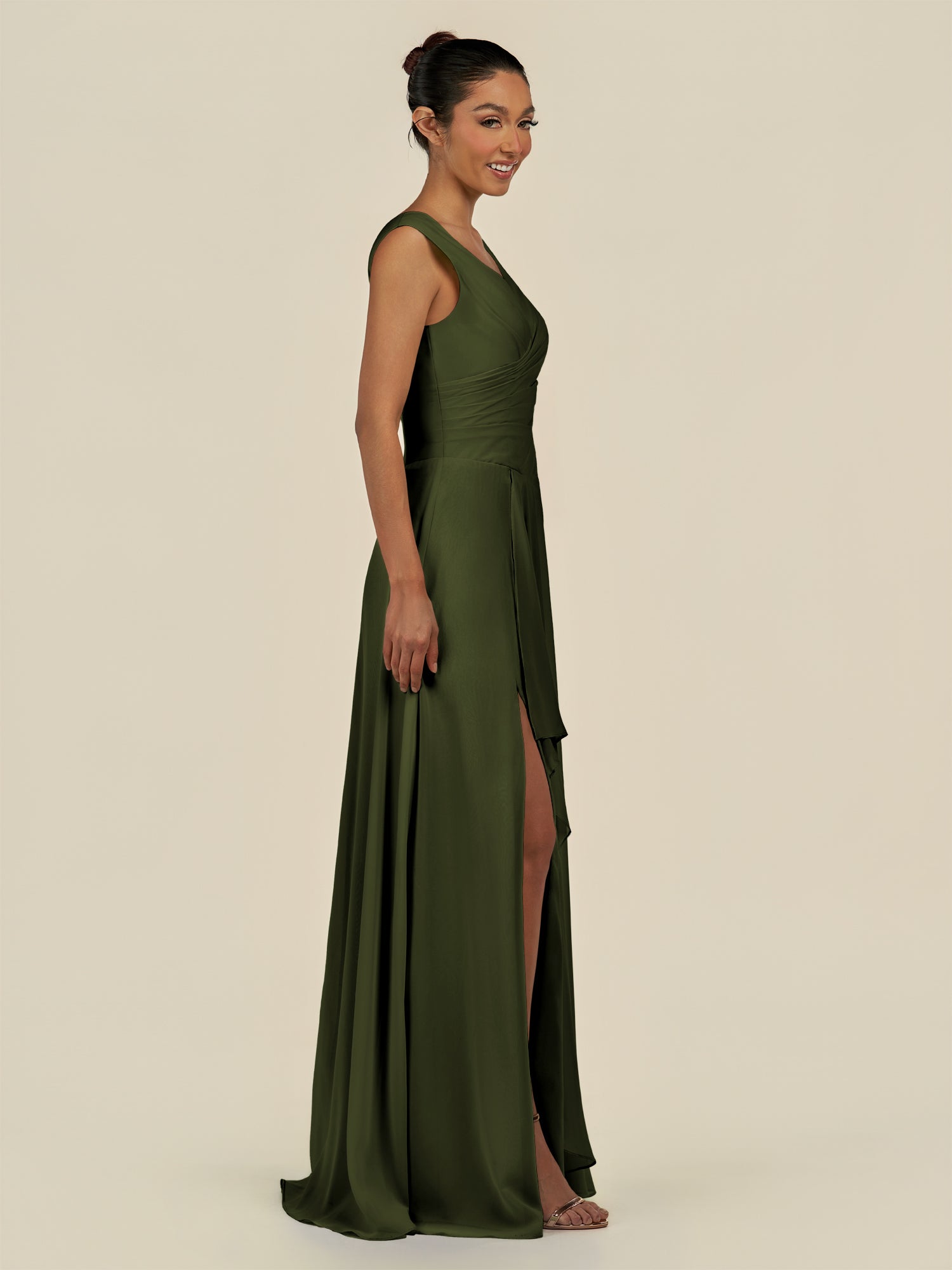 KissDress-Saphir Olive A Line Chiffon V Neck Ruched Long Bridesmaid Dress with Slit