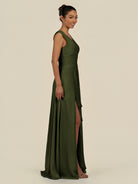KissDress-Saphir Olive A Line Chiffon V Neck Ruched Long Bridesmaid Dress with Slit