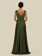 KissDress-Saphir Olive A Line Chiffon V Neck Ruched Long Bridesmaid Dress with Slit