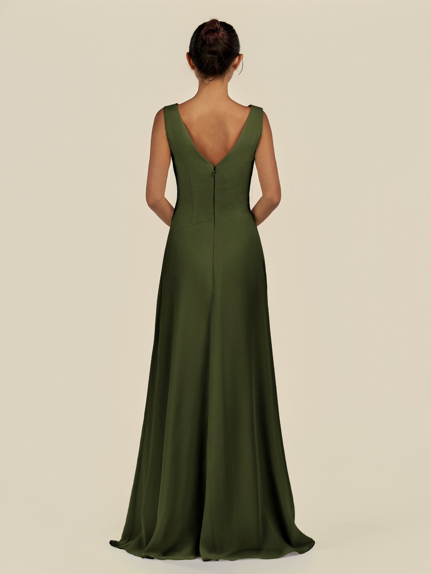 KissDress-Saphir Olive A Line Chiffon V Neck Ruched Long Bridesmaid Dress with Slit