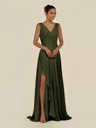 KissDress-Saphir Olive A Line Chiffon V Neck Ruched Long Bridesmaid Dress with Slit