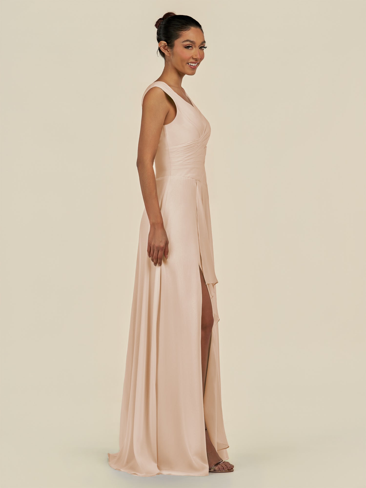 KissDress-Saphir Pale Blush A Line Chiffon V Neck Ruched Long Bridesmaid Dress with Slit
