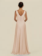 KissDress-Saphir Pale Blush A Line Chiffon V Neck Ruched Long Bridesmaid Dress with Slit