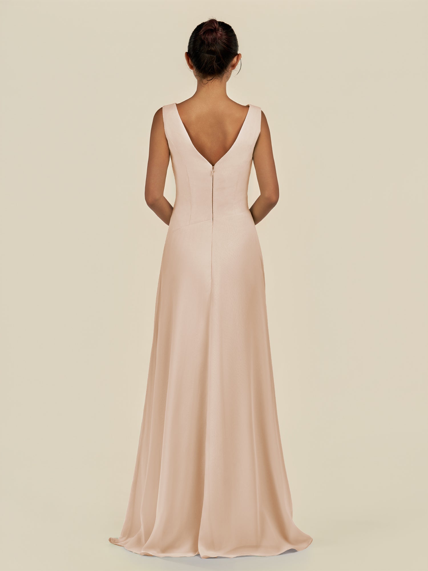KissDress-Saphir Pale Blush A Line Chiffon V Neck Ruched Long Bridesmaid Dress with Slit