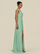 KissDress-Saphir Pale Pistachio A Line Chiffon V Neck Ruched Long Bridesmaid Dress with Slit