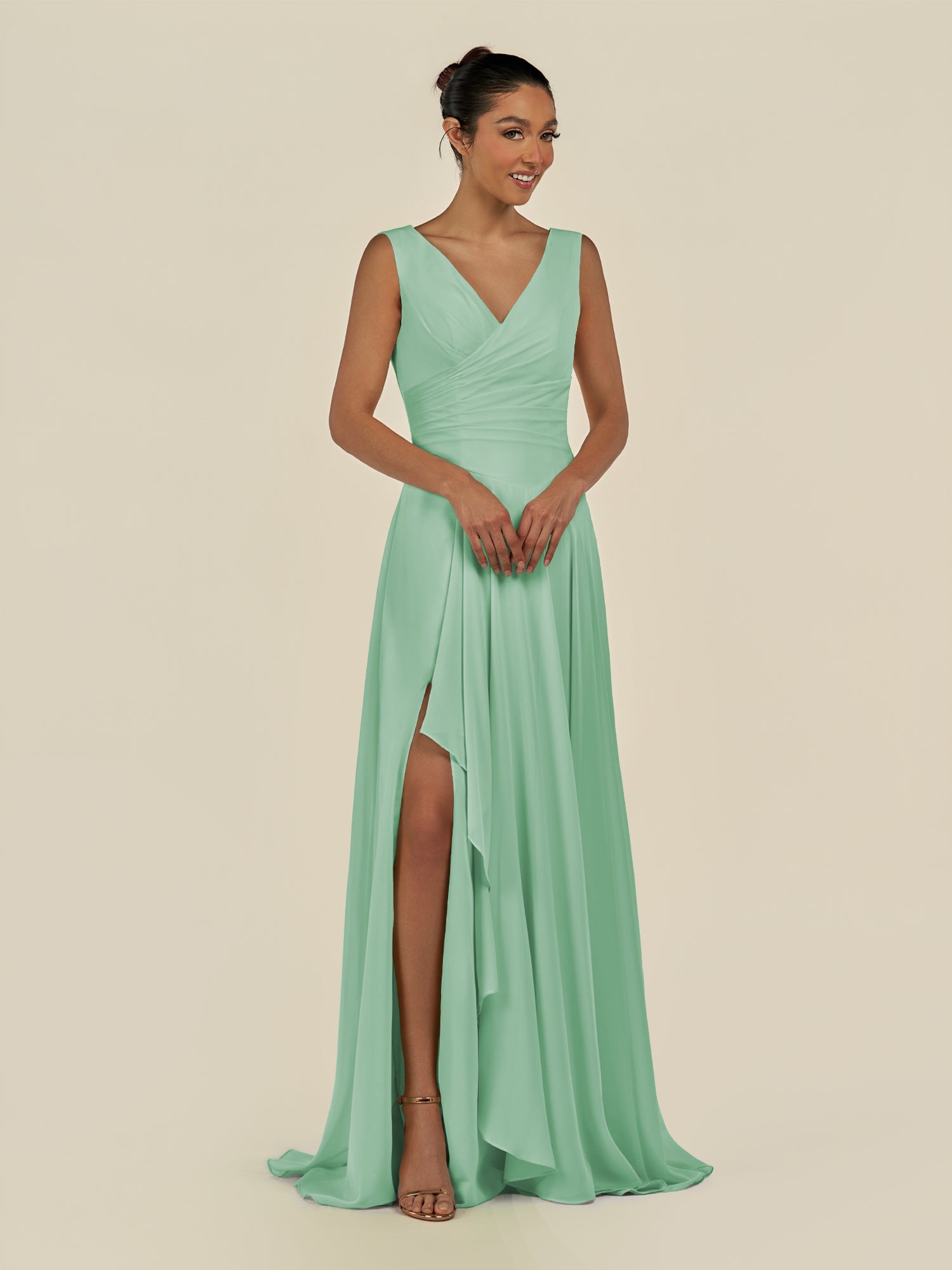 KissDress-Saphir Pale Pistachio A Line Chiffon V Neck Ruched Long Bridesmaid Dress with Slit