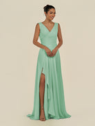 KissDress-Saphir Pale Pistachio A Line Chiffon V Neck Ruched Long Bridesmaid Dress with Slit