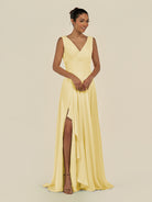 KissDress-Saphir Pastel Yellow A Line Chiffon V Neck Ruched Long Bridesmaid Dress with Slit