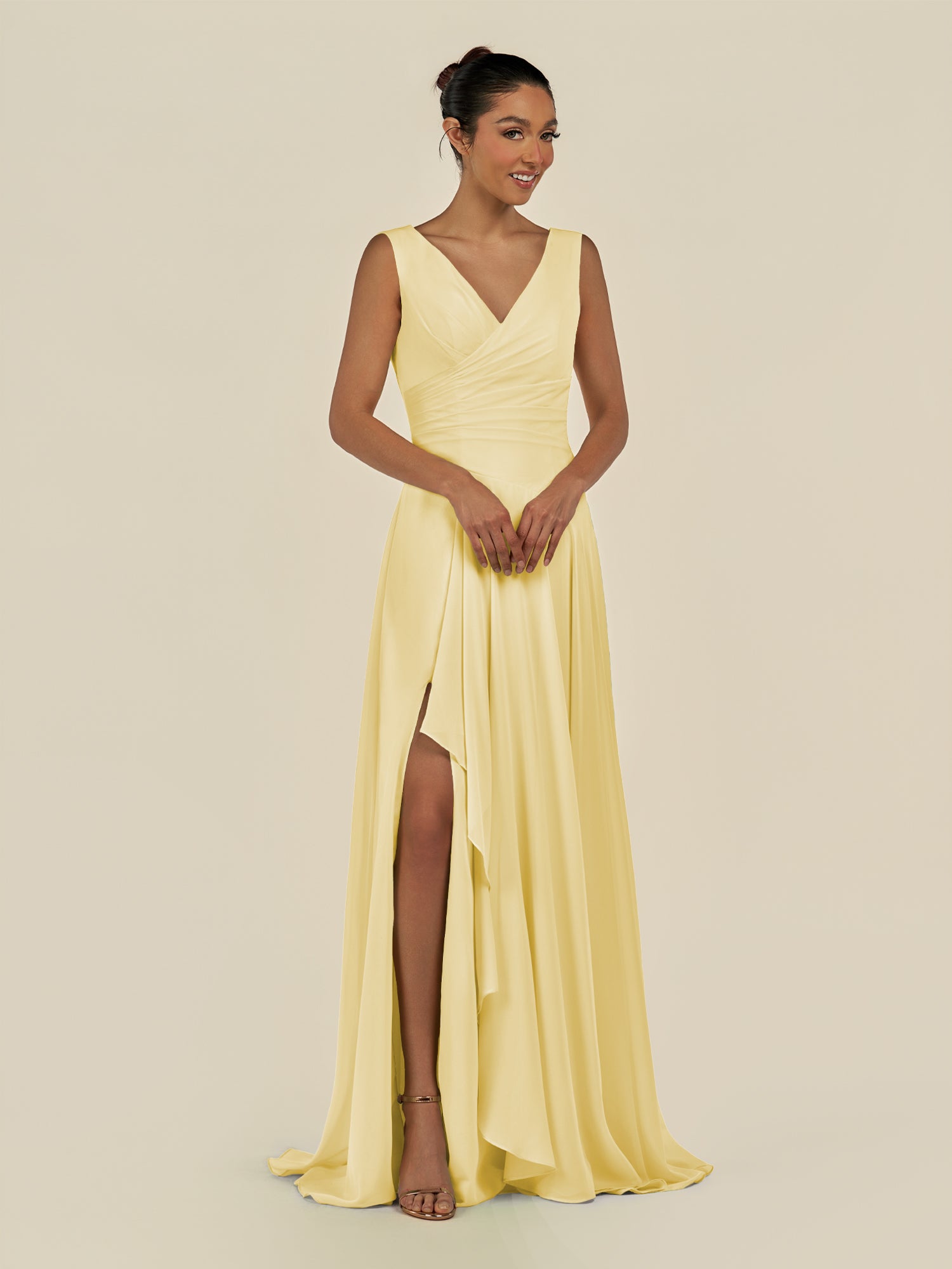 KissDress-Saphir Pastel Yellow A Line Chiffon V Neck Ruched Long Bridesmaid Dress with Slit