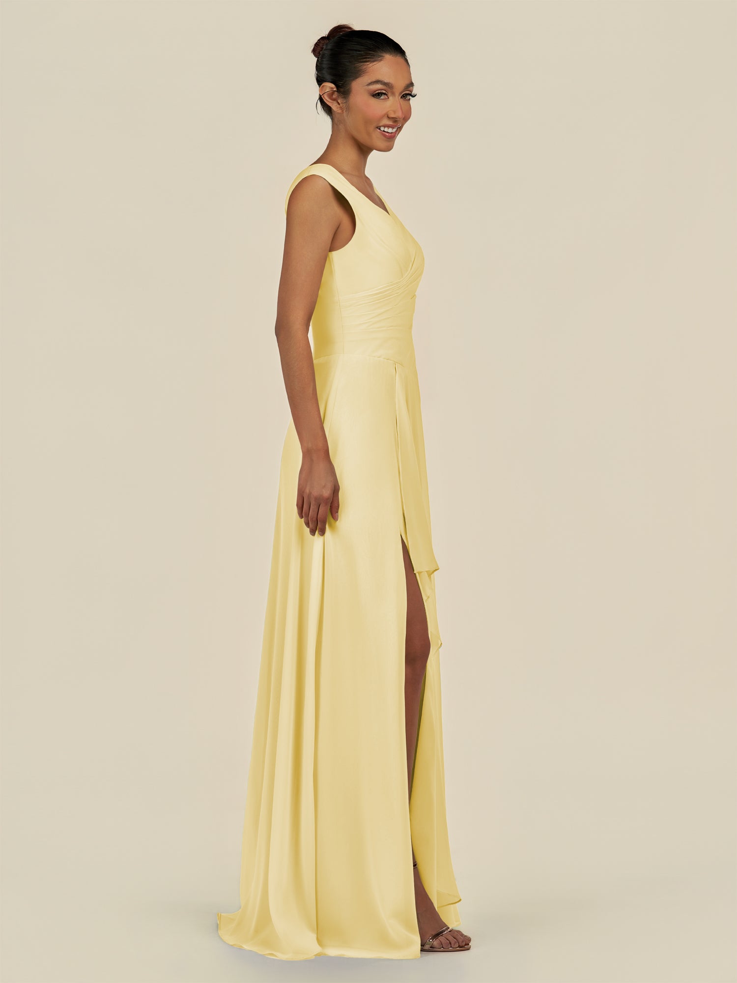 KissDress-Saphir Pastel Yellow A Line Chiffon V Neck Ruched Long Bridesmaid Dress with Slit