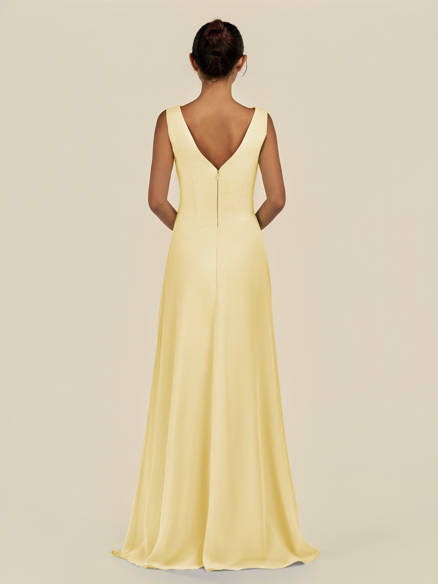 KissDress-Saphir Pastel Yellow A Line Chiffon V Neck Ruched Long Bridesmaid Dress with Slit