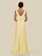 KissDress-Saphir Pastel Yellow A Line Chiffon V Neck Ruched Long Bridesmaid Dress with Slit