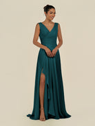 KissDress-Saphir Pine A Line Chiffon V Neck Ruched Long Bridesmaid Dress with Slit