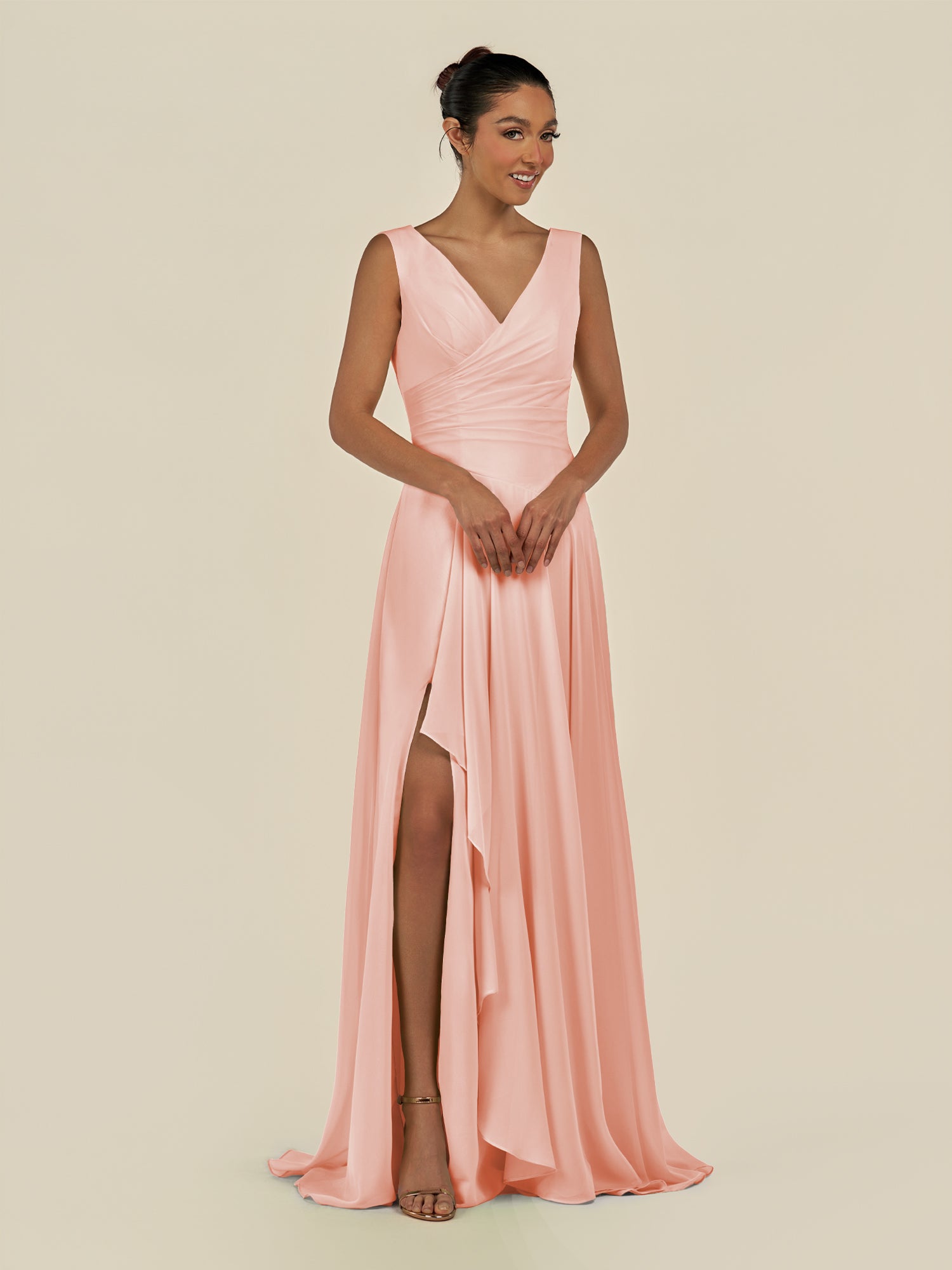 KissDress-Saphir Rose Petal A Line Chiffon V Neck Ruched Long Bridesmaid Dress with Slit