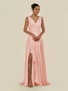 KissDress-Saphir Rose Petal A Line Chiffon V Neck Ruched Long Bridesmaid Dress with Slit