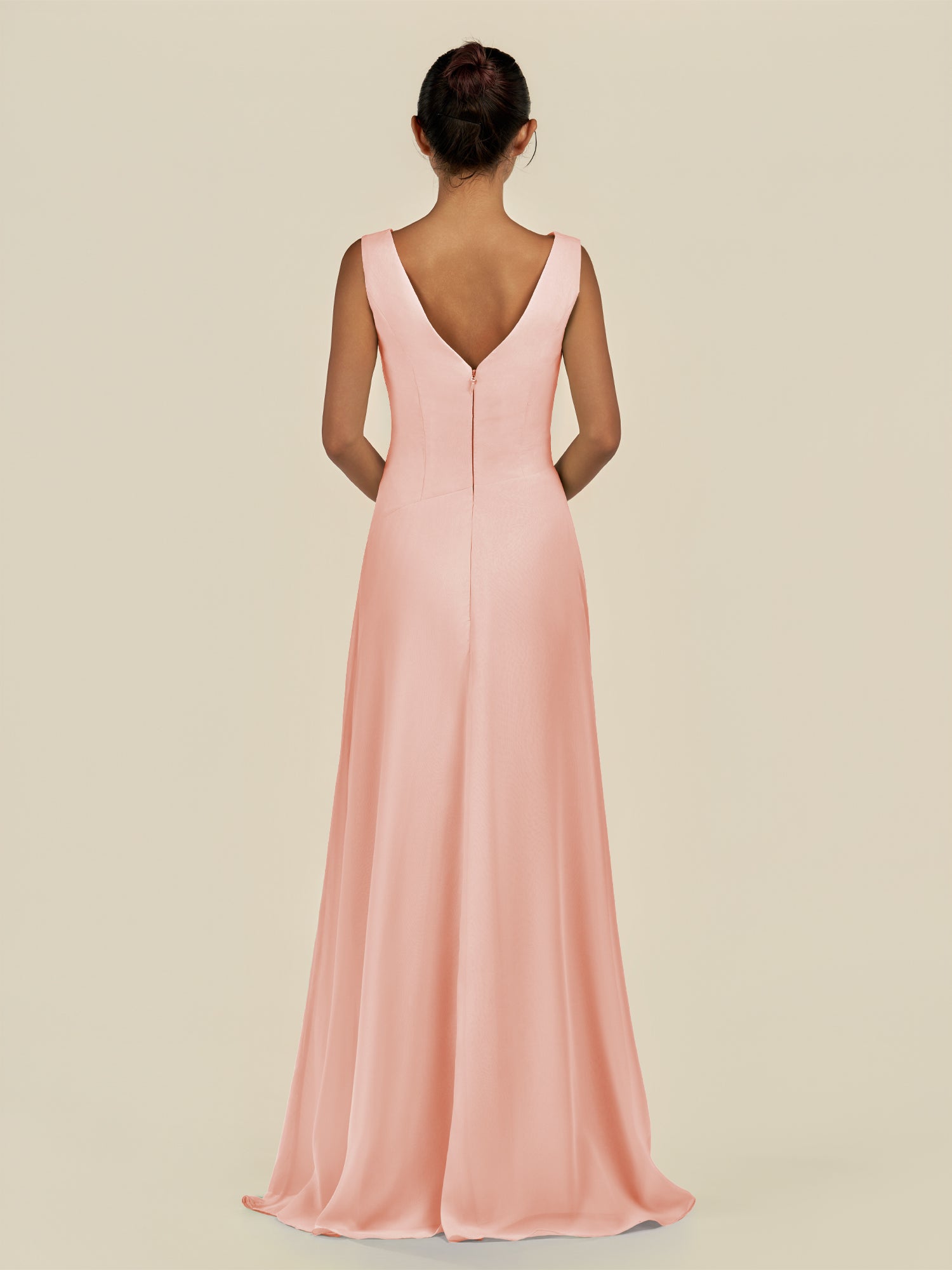 KissDress-Saphir Rose Petal A Line Chiffon V Neck Ruched Long Bridesmaid Dress with Slit