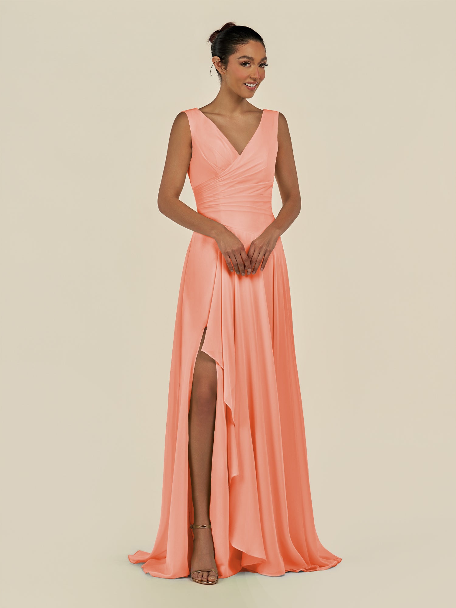 KissDress-Saphir Rosette A Line Chiffon V Neck Ruched Long Bridesmaid Dress with Slit