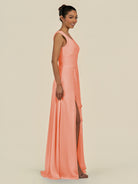 KissDress-Saphir Rosette A Line Chiffon V Neck Ruched Long Bridesmaid Dress with Slit