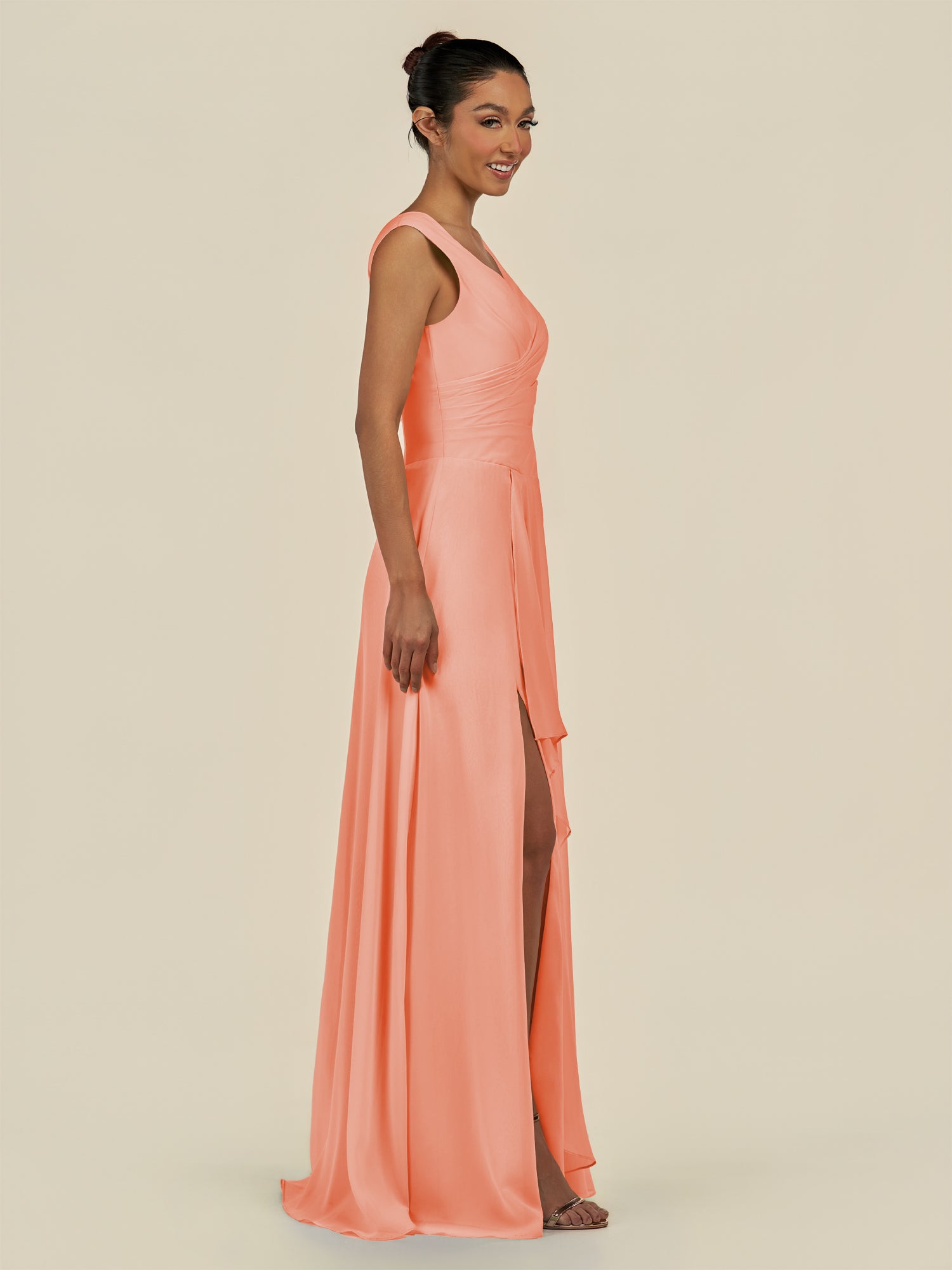 KissDress-Saphir Rosette A Line Chiffon V Neck Ruched Long Bridesmaid Dress with Slit