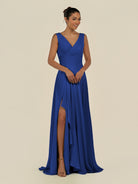 KissDress-Saphir Royal Blue A Line Chiffon V Neck Ruched Long Bridesmaid Dress with Slit