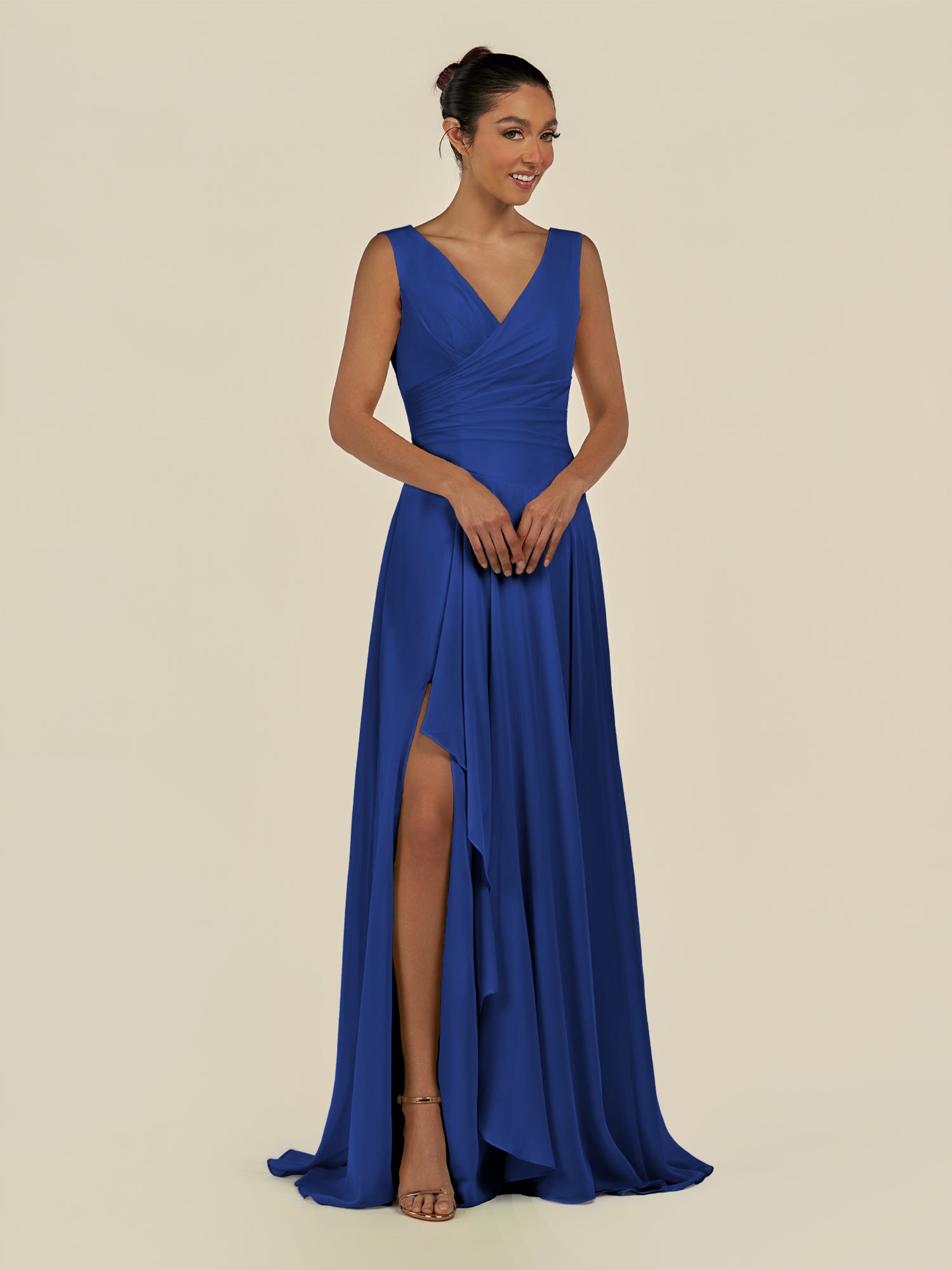 KissDress-Saphir Royal Blue A Line Chiffon V Neck Ruched Long Bridesmaid Dress with Slit