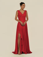 KissDress-Saphir Ruby Red A Line Chiffon V Neck Ruched Long Bridesmaid Dress with Slit