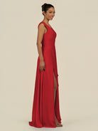 KissDress-Saphir Ruby Red A Line Chiffon V Neck Ruched Long Bridesmaid Dress with Slit