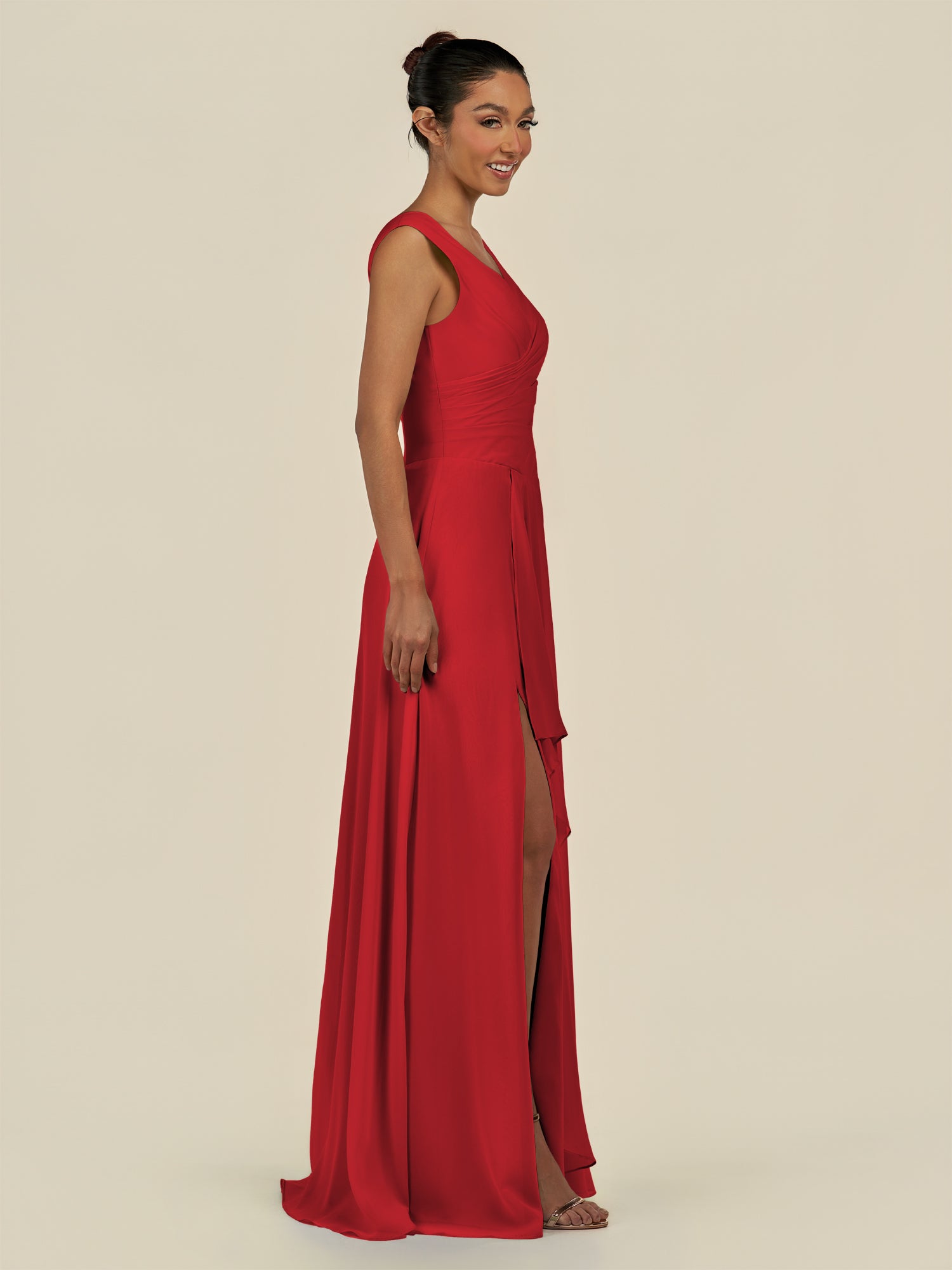 KissDress-Saphir Ruby Red A Line Chiffon V Neck Ruched Long Bridesmaid Dress with Slit