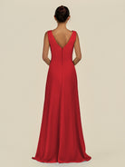 KissDress-Saphir Ruby Red A Line Chiffon V Neck Ruched Long Bridesmaid Dress with Slit