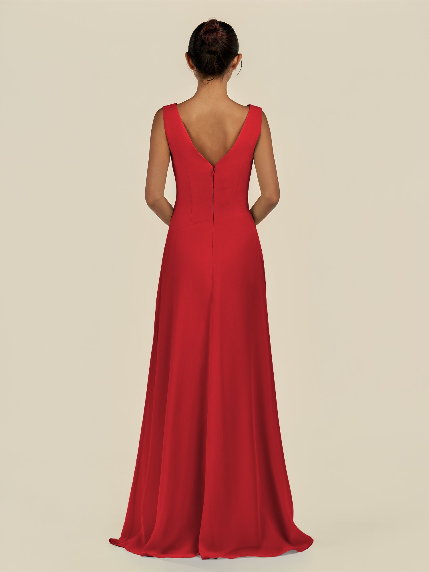 KissDress-Saphir Ruby Red A Line Chiffon V Neck Ruched Long Bridesmaid Dress with Slit