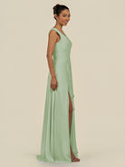 KissDress-Saphir Sage A Line Chiffon V Neck Ruched Long Bridesmaid Dress with Slit