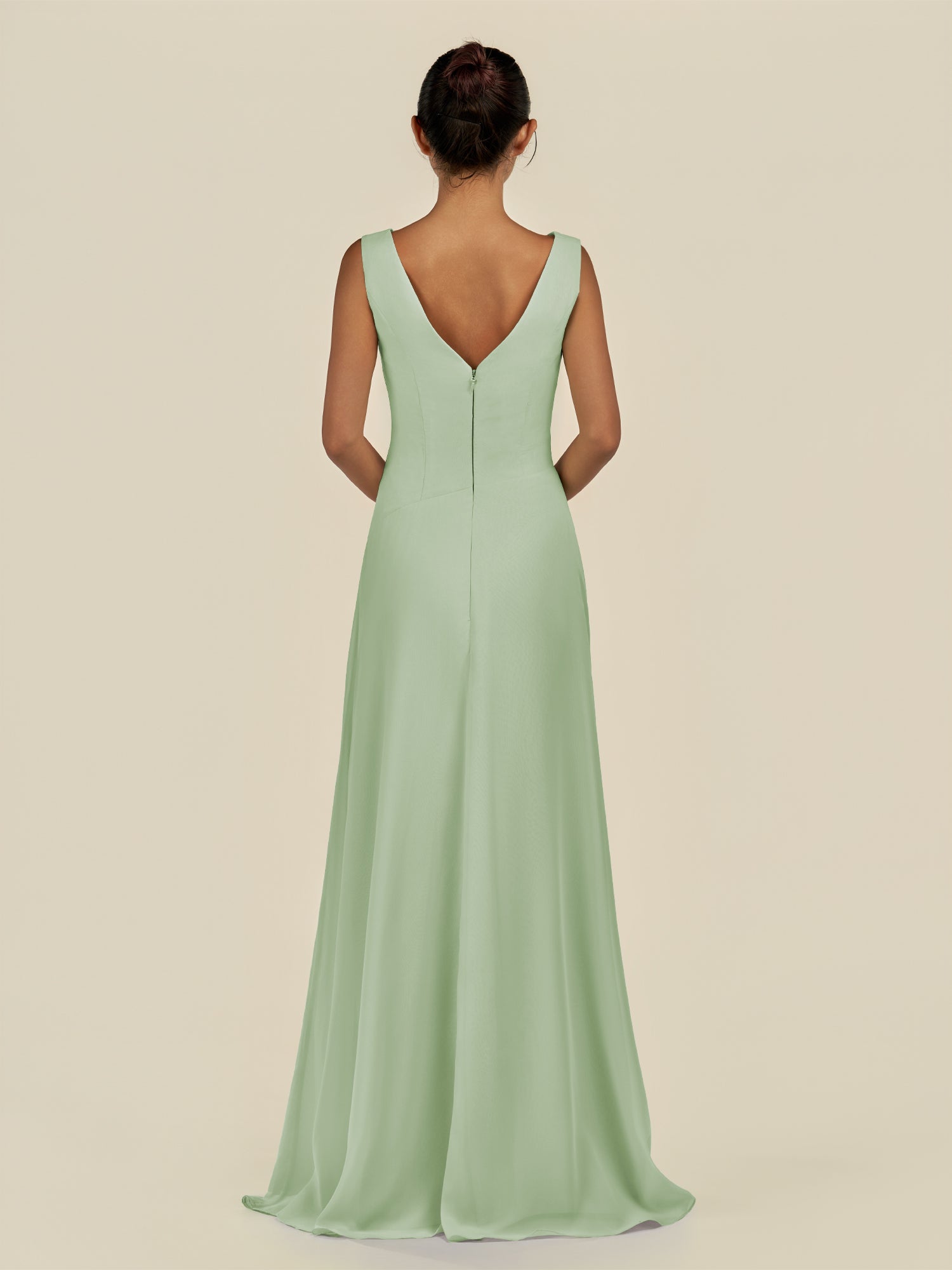 KissDress-Saphir Sage A Line Chiffon V Neck Ruched Long Bridesmaid Dress with Slit